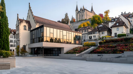 Obraz premium Picturesque European Townscape with Historic Buildings and Gardens against Blue Sky under Sunset Light