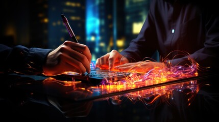 Futuristic collaborative workspace with digital interactions and data visualization