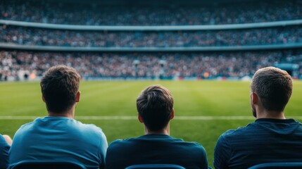 Three men watch a soccer game from stadium seats.