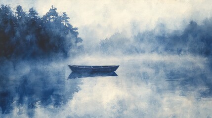 A small boat floats serenely on a misty lake surrounded by trees