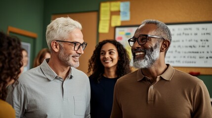 A group of middle age teachers standing together in a school setting.