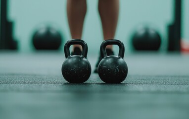 Fototapeta premium Black Kettlebells on Gym Floor