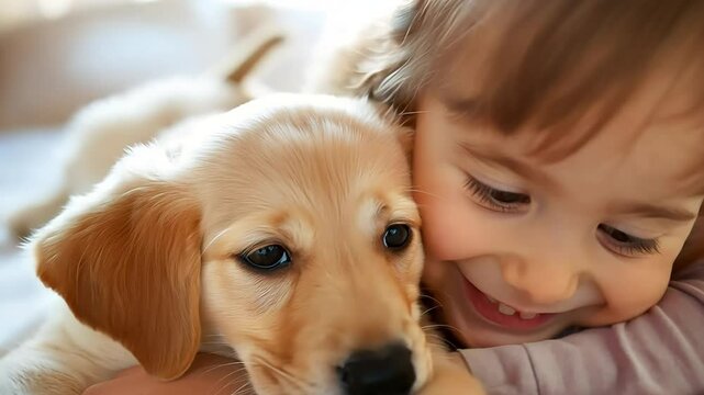 A little girl tenderly hugs her puppy and lies on the bed in a bright bedroom in the morning. Friendship concept between child and pet, copy space for text
