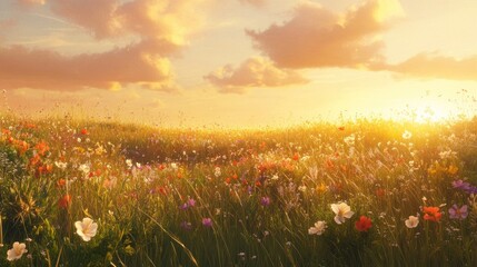 Obraz premium Golden Sunset Over a Wildflower Meadow