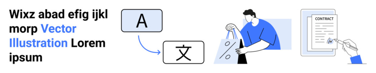 Person reviewing contract. Characters converting between languages. Ideal for translation services, localization, global business, multilingual support, international contracts, language education
