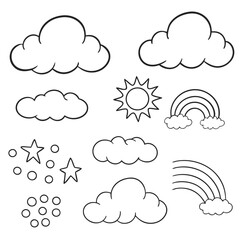 Cloud, Sun, Rainbow, and Stars Icon Set on Transparent Background