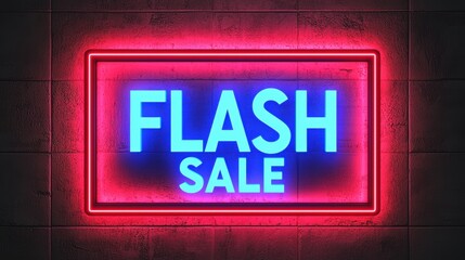 Bright neon sign announcing a flash sale in a retail store, attracting customers during evening hours with vibrant colors and bold lettering
