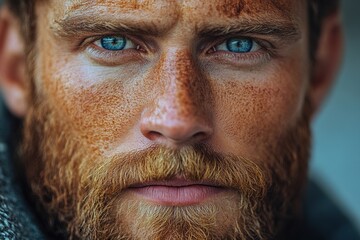 Intense gaze of a man with piercing blue eyes and a full beard in a close-up portrait during natural light