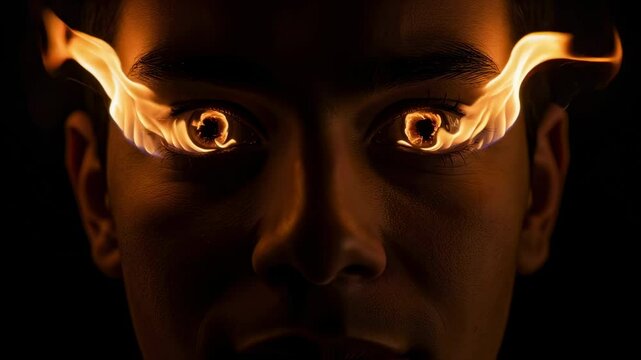 Close-up of man with flaming eyes and fire effect, concept of anger, power and mystical energy. Surreal and intense portrait of male with glowing fire in eyes for fantasy and dark themes
