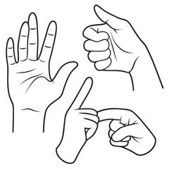 Hand Gesture Outline Vector Set with Thumbs Up, Open Palm, and Pointing Fingers