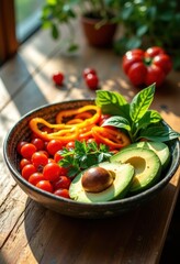 colorful vibrant plant based meal composition served rustic wooden table displaying fresh ingredients artistic presentation, bandwagon, banquet, bites, body