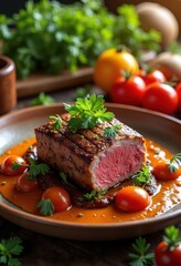 stunning vibrant meat dish artfully plated rustic wooden table surrounded fresh ingredients rustic accents, plating, colors, presentation, herbs