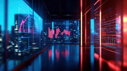 Futuristic city view, data graphs, modern office space