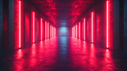 Neon-lit Concrete Corridor with Vibrant Red and Blue Light. ai generated