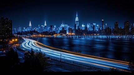 Obraz premium Nightscape of New York City skyline with light streaks from passing traffic