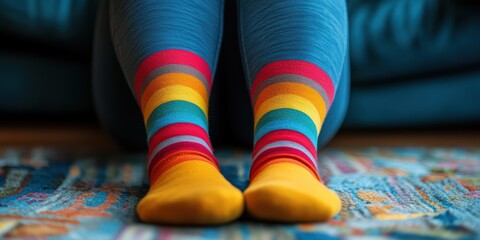 Colorful striped socks worn by a person relaxing at home in a cozy living room on a soft rug