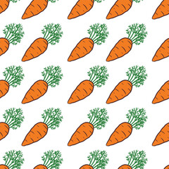 Hand drawn cartoon flat carrot with tops seamless pattern