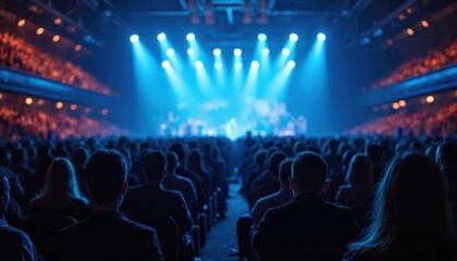 Large audience attends concert business conference. Stage illuminated by blue, white spotlights. Crowd watches show, listens to speaker, applauds. Band performs onstage. People networking at