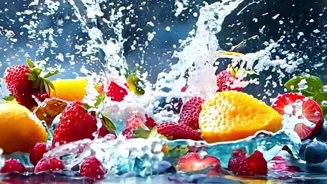 Juicy colorful fruits creating refreshing splashes in water