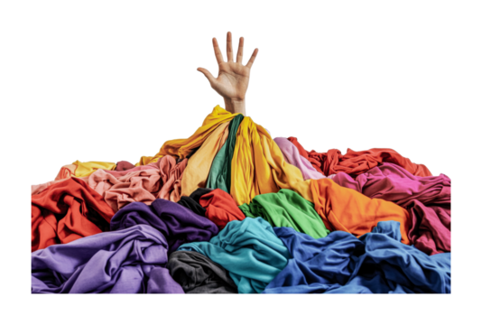 Hand emerging from colorful clothing pile: overwhelmed by laundry chaos, cut out
