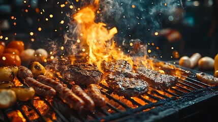 Grilled Skewers with Vegetables on Barbecue, Grilled skewers with vegetables on a barbecue grill, flames and smoke rising