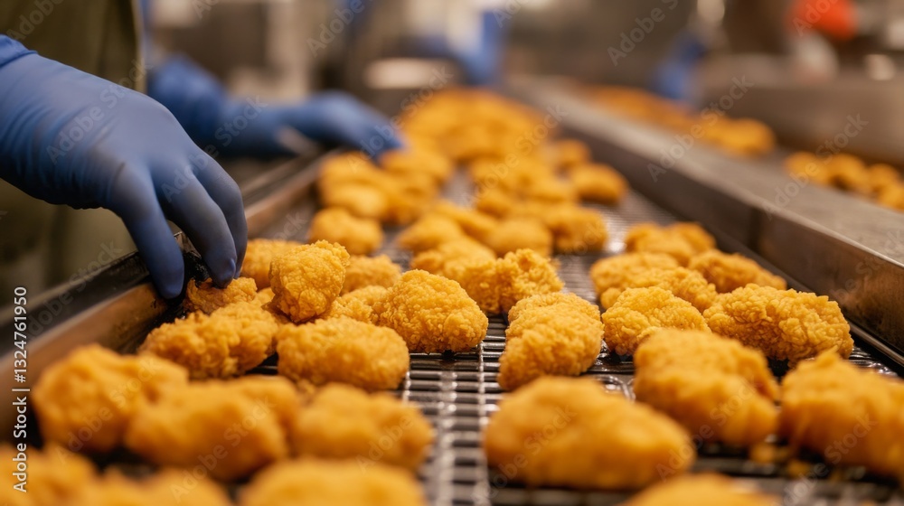 Poster Workers in a food processing facility sort and package fried items along a conveyor belt. The automated line ensures efficiency and maintains high standards of quality during production.