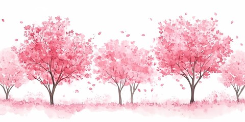 Watercolor cherry blossom trees on white background