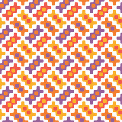 Seamless repeating pattern with an abstract design of small colorful rectangular elements arranged on a diagonal grid. Geometric vector Illustration for fabric, textile, wrapping paper, and print.