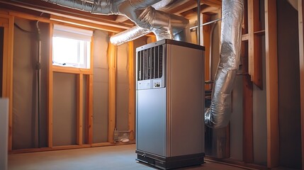 Modern HVAC system in unfinished basement.