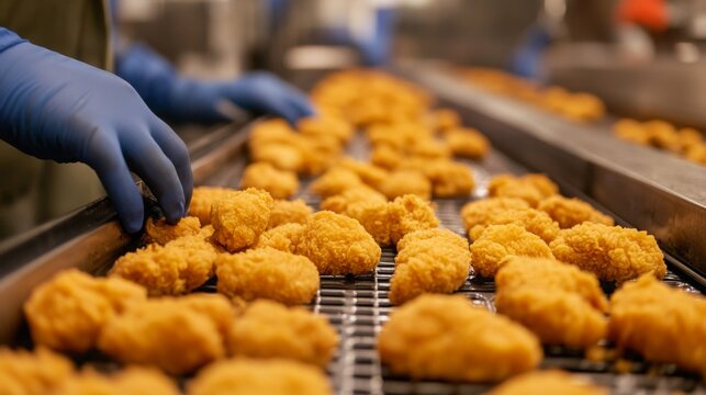 Workers in a food processing facility sort and package fried items along a conveyor belt. The automated line ensures efficiency and maintains high standards of quality during production.