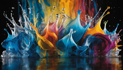 Dynamic and vibrant splash of various colors including blue, yellow, orange, red, and purple against a black background with reflections
