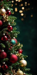 Christmas Tree Adorned with Red and Gold Ornaments Against Dark Background in Closeup