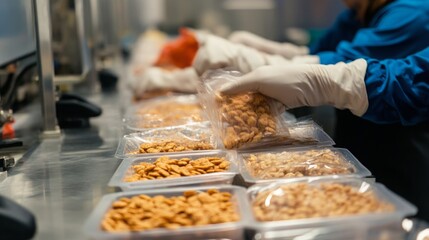 Fototapeta premium Workers in a modern food production facility are packing snack products into clear bags while using advanced ai technology. The environment is clean and organized, promoting efficient workflow.