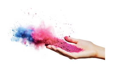 Hand releasing vibrant pink and blue powder in motion against black background, cut out