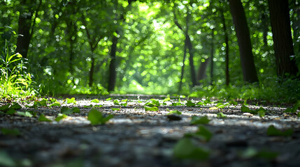 Sunlit Forest Path With Green Leaves and Trees Creating a Tranquil Outdoor Scene