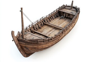 A wooden boat on a white backdrop highlights its intricate details and craftsmanship isolated on transparent background