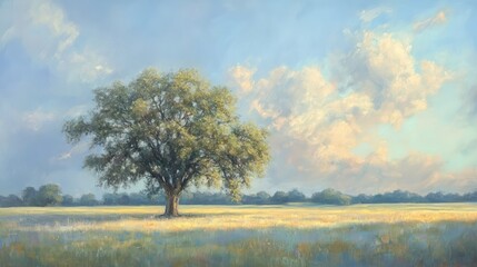 Obraz premium A solitary tree stands prominently in a sunlit grassy field