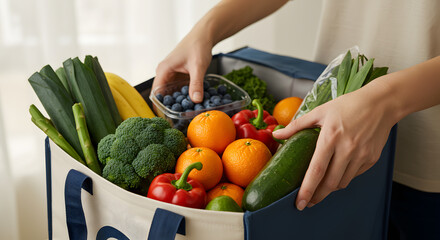 Hands carefully pack fresh produce and groceries into a delivery bag, emphasizing the importance of healthy eating and efficient service.