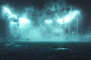 Two figures stand alone on a fog-covered soccer field at night, illuminated by stadium lights. A misty, ethereal atmosphere pervades the scene.