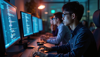 System engineers team develops html code and cloud computing in IT development agency. Asian software developer types on keyboard to create AI script. Engineers working at night in blue cyberspace.