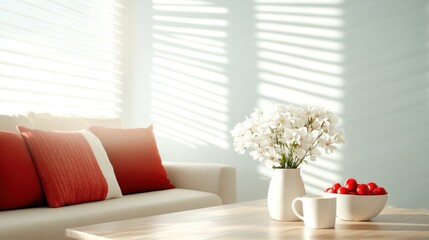 A bright living space featuring a sofa, vibrant cushions, a vase of flowers, and a bowl of red fruits, all beautifully illuminated by soft natural light.