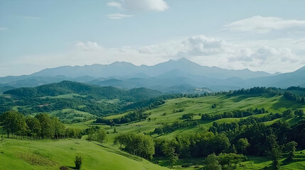 Panoramic View of Lush Green Hills and Mountains Under a Clear Blue Sky Daytime Scene