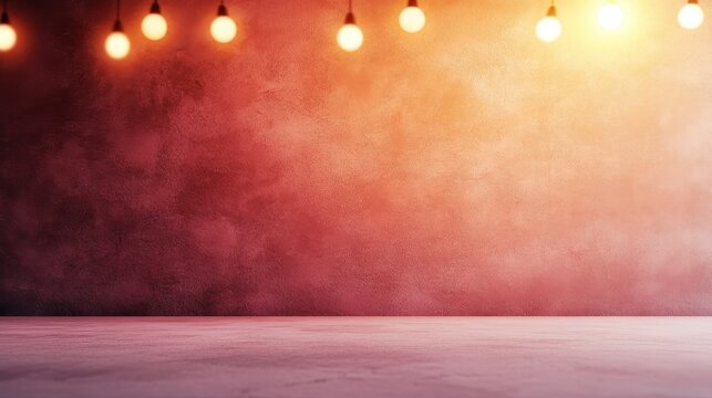 Warmly lit interior space with a textured pink wall and hanging bulbs, ideal for events
