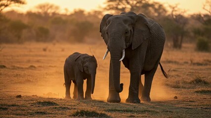 Elephants, family and wildlife with mother and baby walking on dusty savanna at sunset for nature, protection and safari. Large mammals in natural habitat with warm light and wilderness