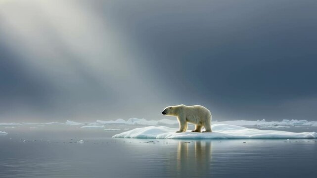 Polar bear, Arctic and wildlife with bear standing on ice floe under sunlight for nature, survival and frozen landscape. Snow, sea and majestic animal in cold environment for conservation and wild bea