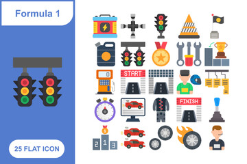 Formula One Racing Flat Icons Set, Collection of 25 Formula One Racing Flat Icons Set - 25 Vector Icons for Motorsport, F1 Cars, Racing Tracks, Speed, and Automobile Sports