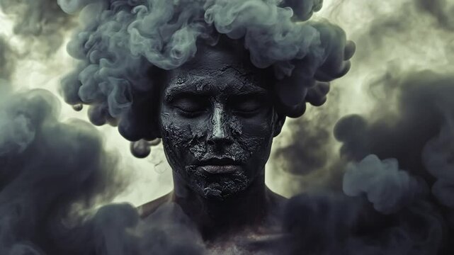 Surreal portrait of a person covered in dark matter and swirling smoke, profound artistic imagery