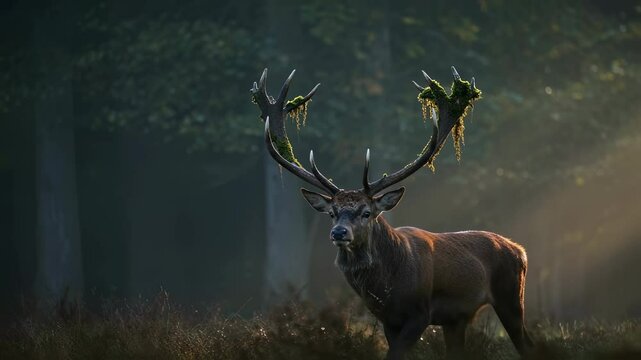 Deer, wildlife and forest with large antlered deer standing in sunlight for nature, animal watching and wilderness. Trees, rays and morning light for peaceful outdoor scene and majestic animal