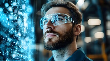 Industrial worker analyzing digital network visualization