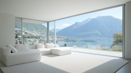 Fototapeta premium Contemporary living room with stunning lake and mountain view in a modern home